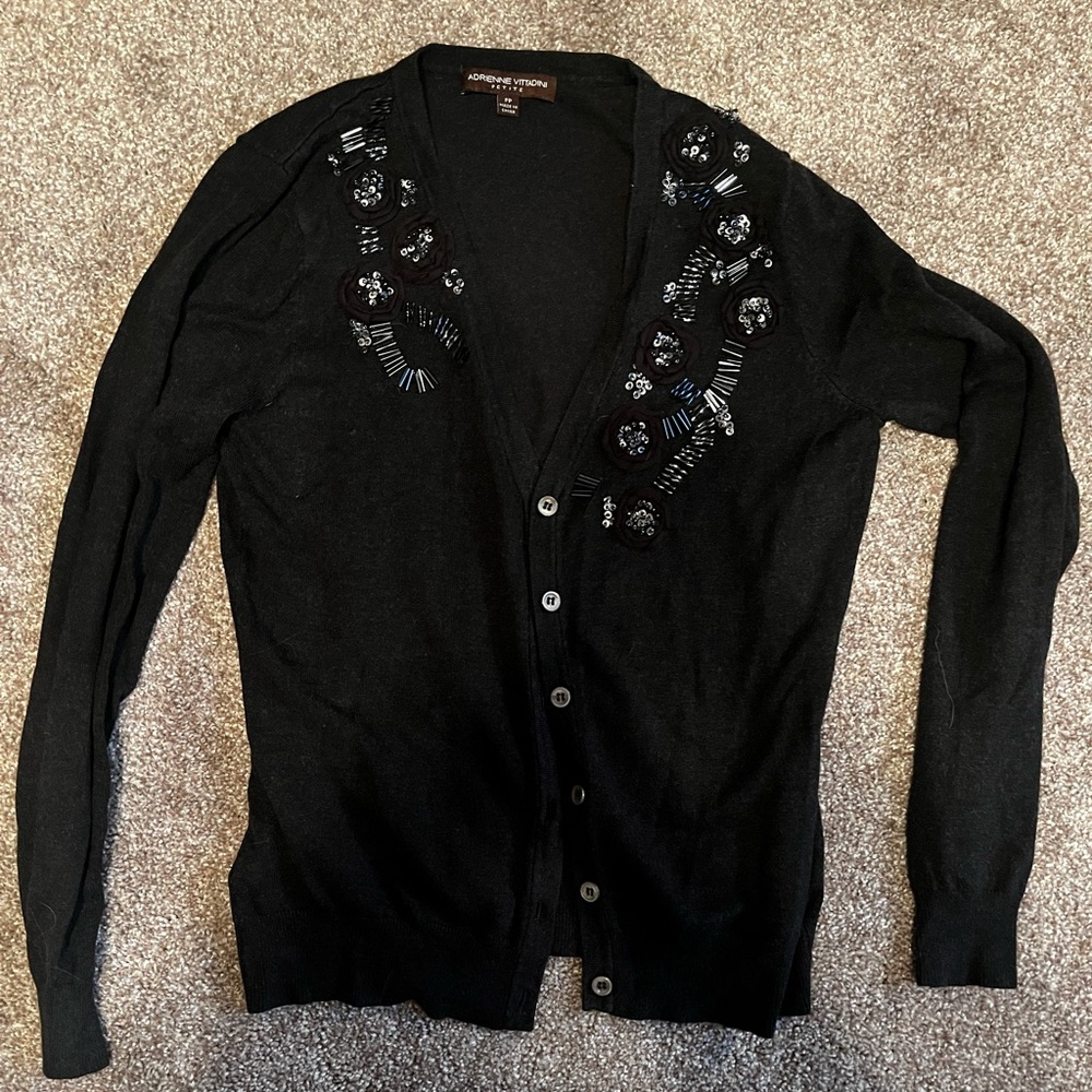 Adrienne Vittadini Black Cardigan with Beaded Floral Design